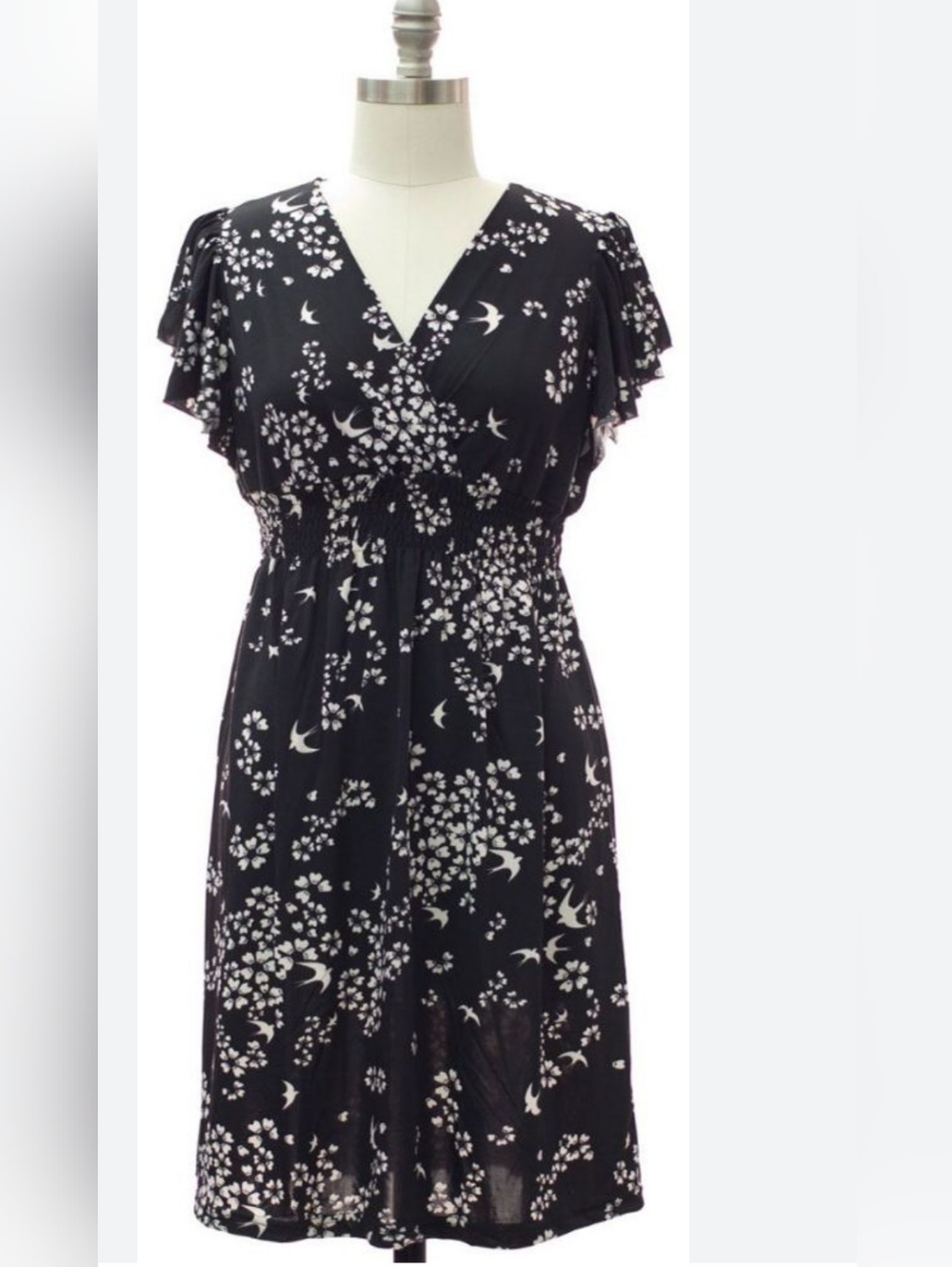 Jon And Anna Black Floral Print V-Neck Women's Dress 2X